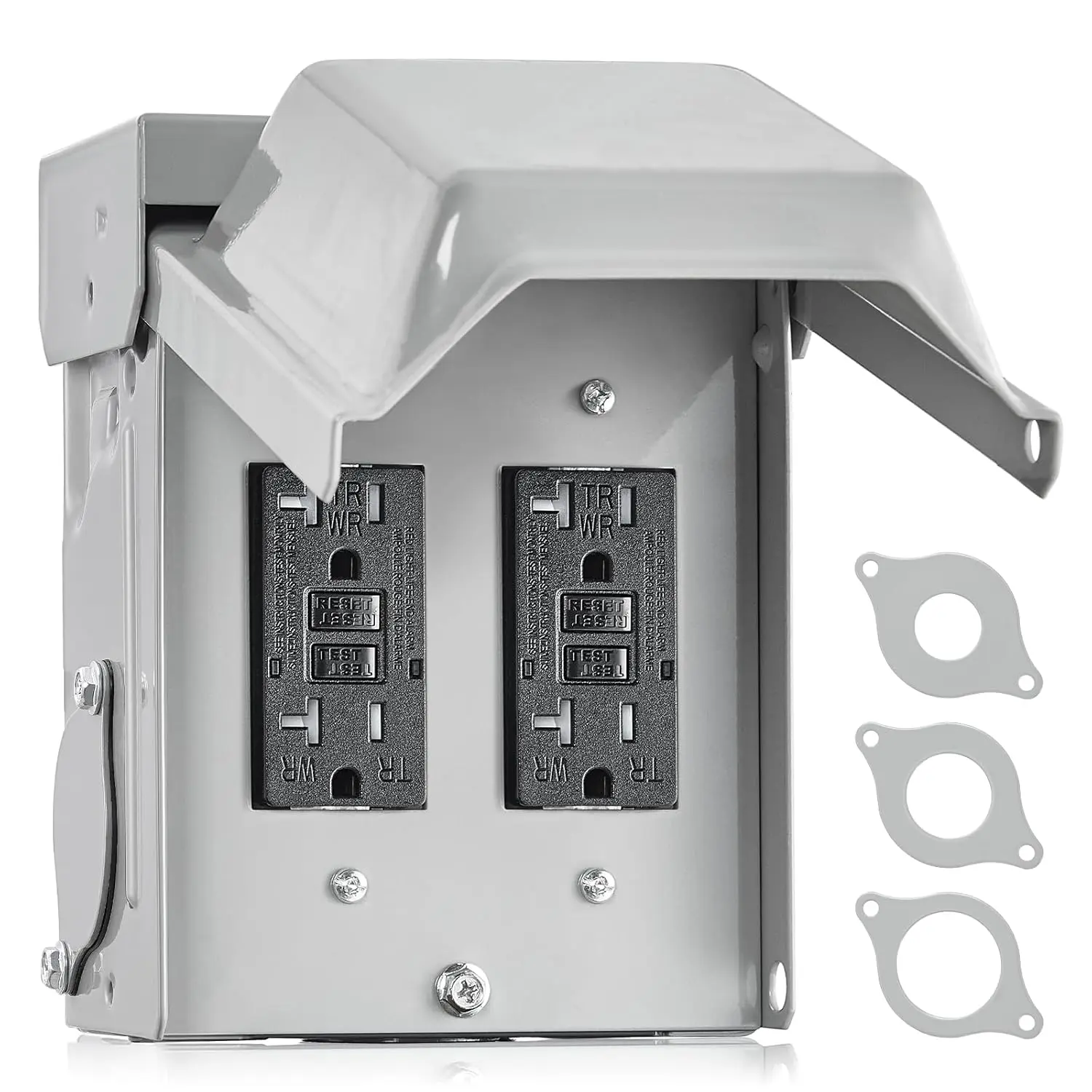 Outdoor Outlet Box , Dual 20 AMP WRTR GFCI Receptacles, Rainproof 3R Weather Resistant All Metal Outlet Cover, Electrical Power Plug for Holiday Decorations, Lights, ETL Listed