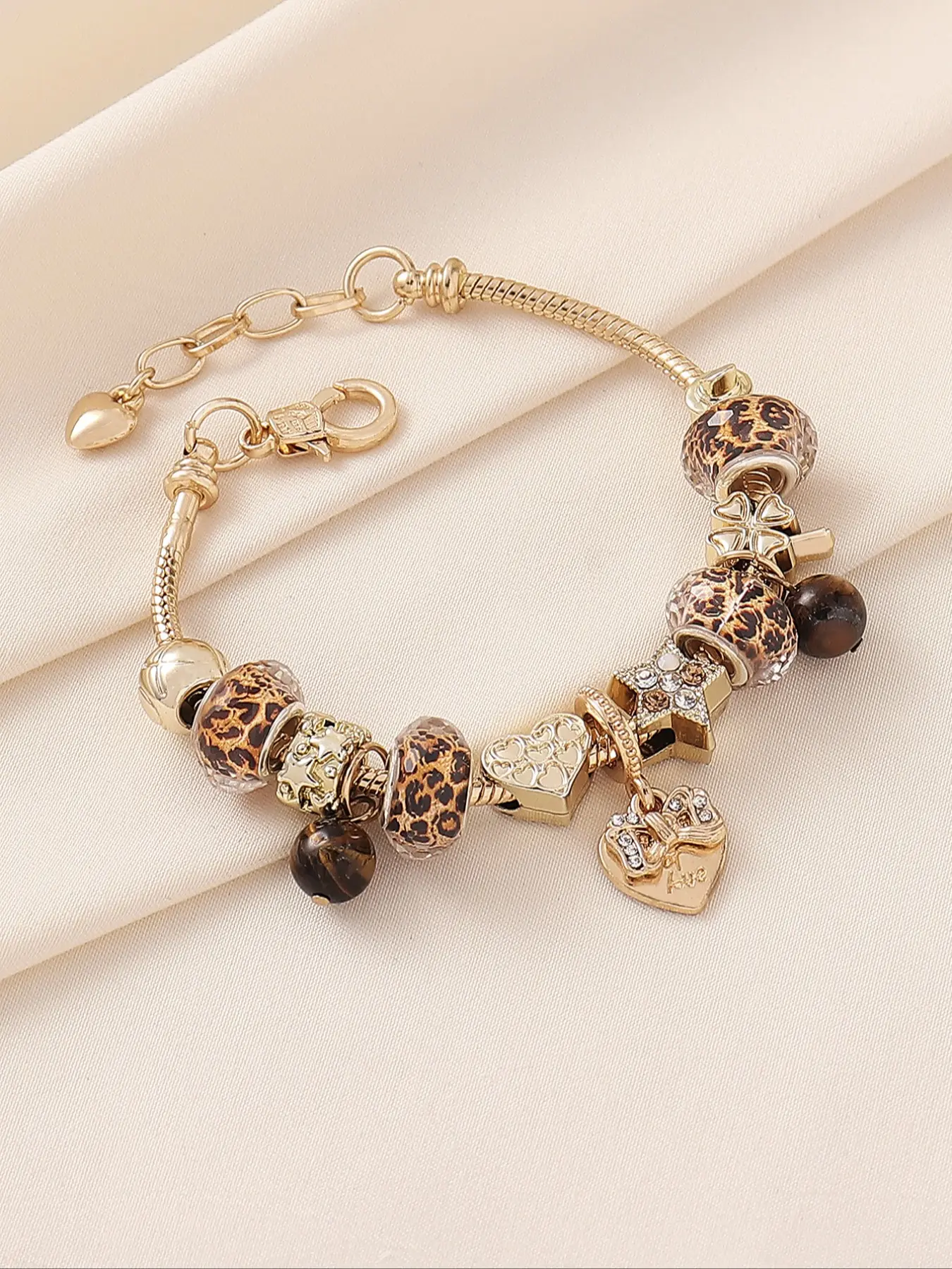 Women's Leopard Print Beaded Heart Clover Tiger Eye Stone Bracelet, Exquisite Bracelet, DIY Jewelry Making Kit for Party, Night Out and Daily Wear, Exquisite Trendy Bracelet, Beautiful Bracelets, Pretty Bracelet