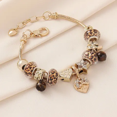 Women's Leopard Print Beaded Heart Clover Tiger Eye Stone Bracelet, Exquisite Bracelet, DIY Jewelry Making Kit for Party, Night Out and Daily Wear, Exquisite Trendy Bracelet, Beautiful Bracelets, Pretty Bracelet