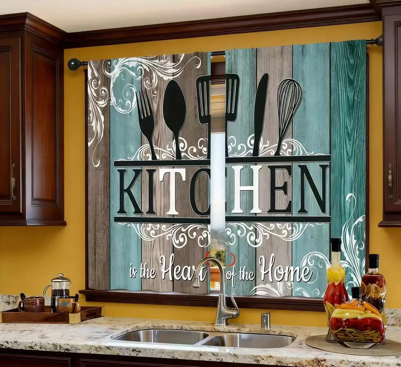 2 Panels Rustic Teal Wooden Plank Kitchen Curtains, Utensil Print Farmhouse Window Drapes for Kitchen, Vintage Wood Texture Decorative Curtains