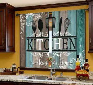 2 Panels Rustic Teal Wooden Plank Kitchen Curtains, Utensil Print Farmhouse Window Drapes for Kitchen, Vintage Wood Texture Decorative Curtains