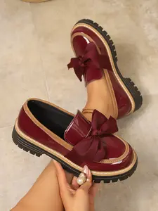 British Style High-Heeled Soft Sole Waterproof Anti-Slip Glossy Butterfly Loafers, Bowknot Versatile Casual Shoes for School/commute