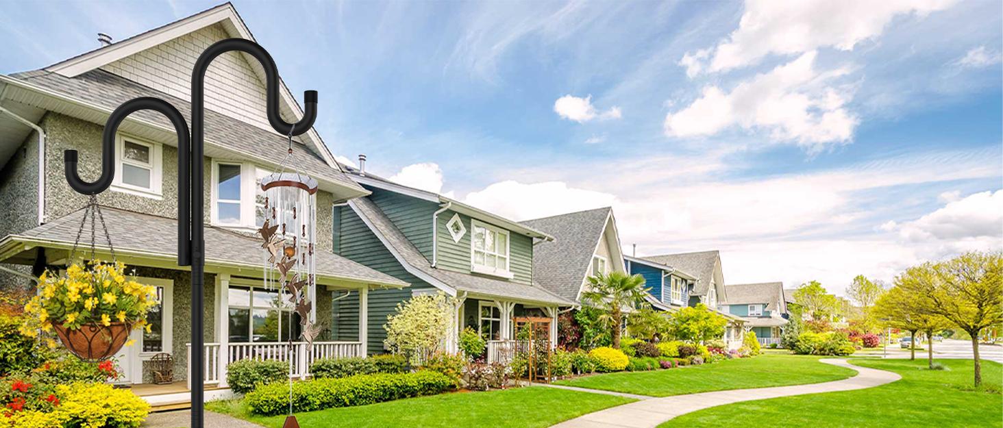 Double Shepherds Hooks for Outdoor,62 Inch/76 Inch/92 Inch, 2-Pack Heavy Duty Garden Pole for Hanging Bird Feeder, Plant Baskets, Solar Light Lanterns, Garden Plant Hanger Stands with 5 Base Prongs