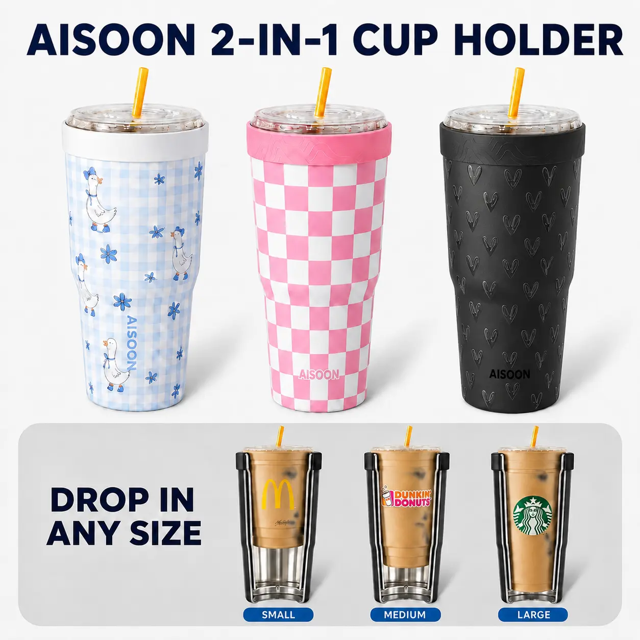 AISOON 2-in-1 Insulated Cylindrical Sleeve & Tumbler for 16oz-24oz Cups, Stainless Steel Reusable Coffee Cup with Lid, Straw, Silicone Ring, Keeps Cold for On-the-Go Drinks