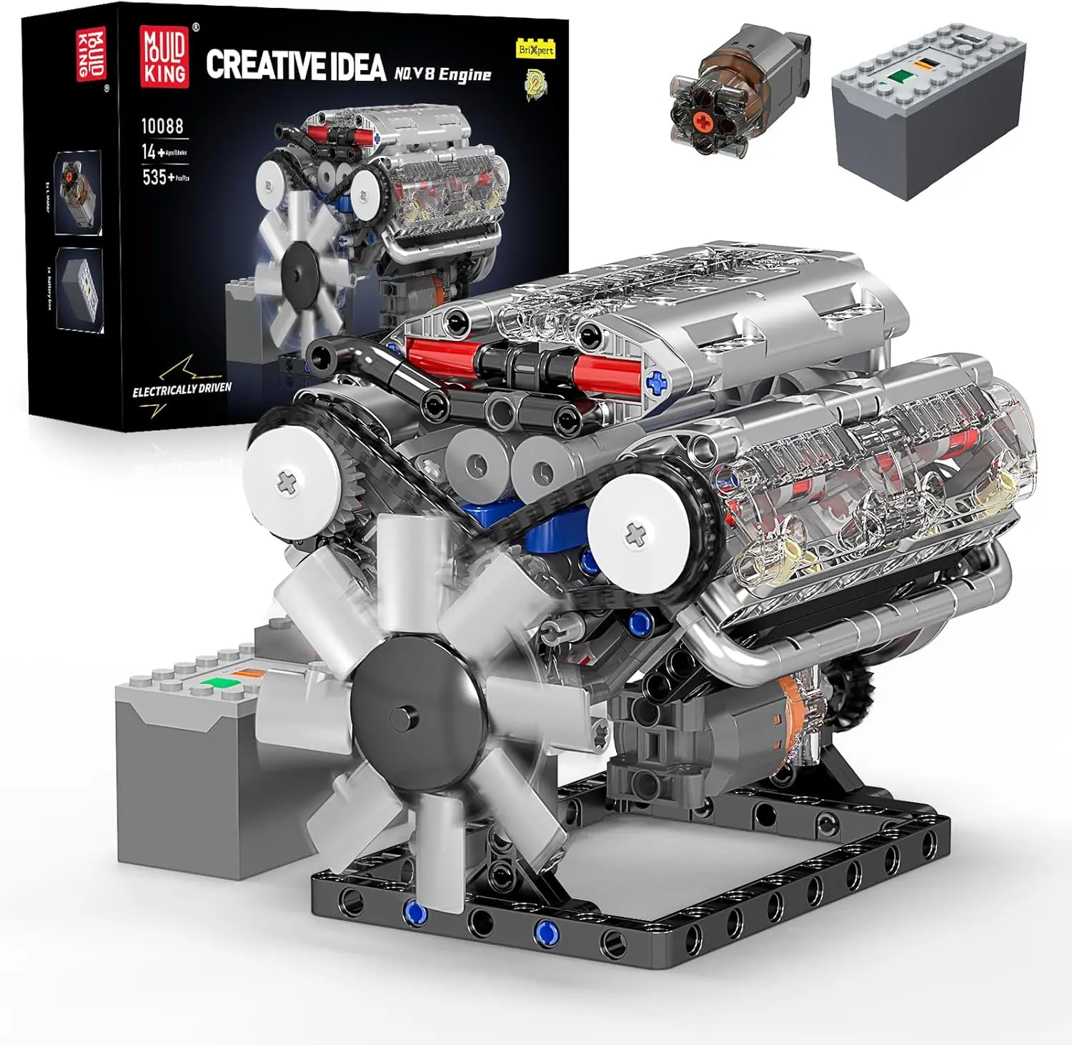 Mould King 10088 V8 Engine Model Kit - Build Your Own STEM Mini V8 Model Engine Building Blocks Set with Transparent Cylinder Head & Simulated Piston Movement 535Pcs