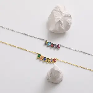 CustomGold Birthstone Necklace, Silver Personalized Dainty Teardrop Pendant, Gold Custom Family Jewelry