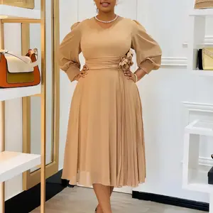 summer spring clothes 2025 new Fashion Elegant Solid Color A Line Dress Loose Fit V Neck 3D Flower Design Puff Sleeve Outfits Vintage Style Dress Casual Womenswear