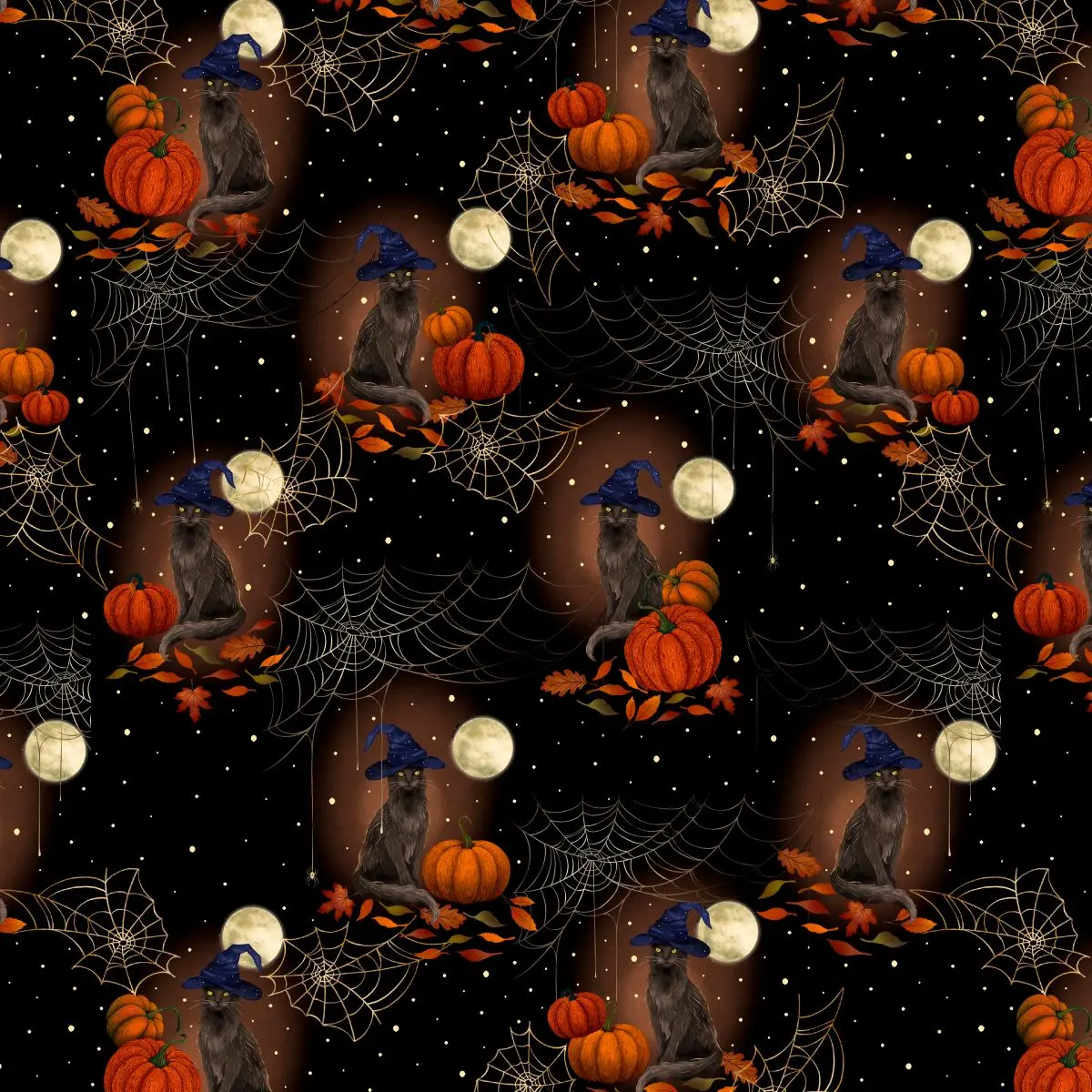 Fabric Blank Quilting Black Cats with Witch Hats and Pumpkins Harvest Haunt by the Quarter Yard 4807-99