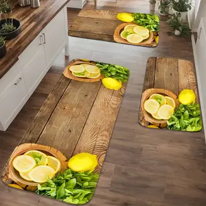 1/2/3pcs, Yellow lemon green leaf background with 2D flat printing pattern, home décor, home mat set, suitable for kitchens and bathrooms, soft and thick indoor entrance rug, non-slip bottom for easy cleaning, long rug, Kitchen Runner Rug