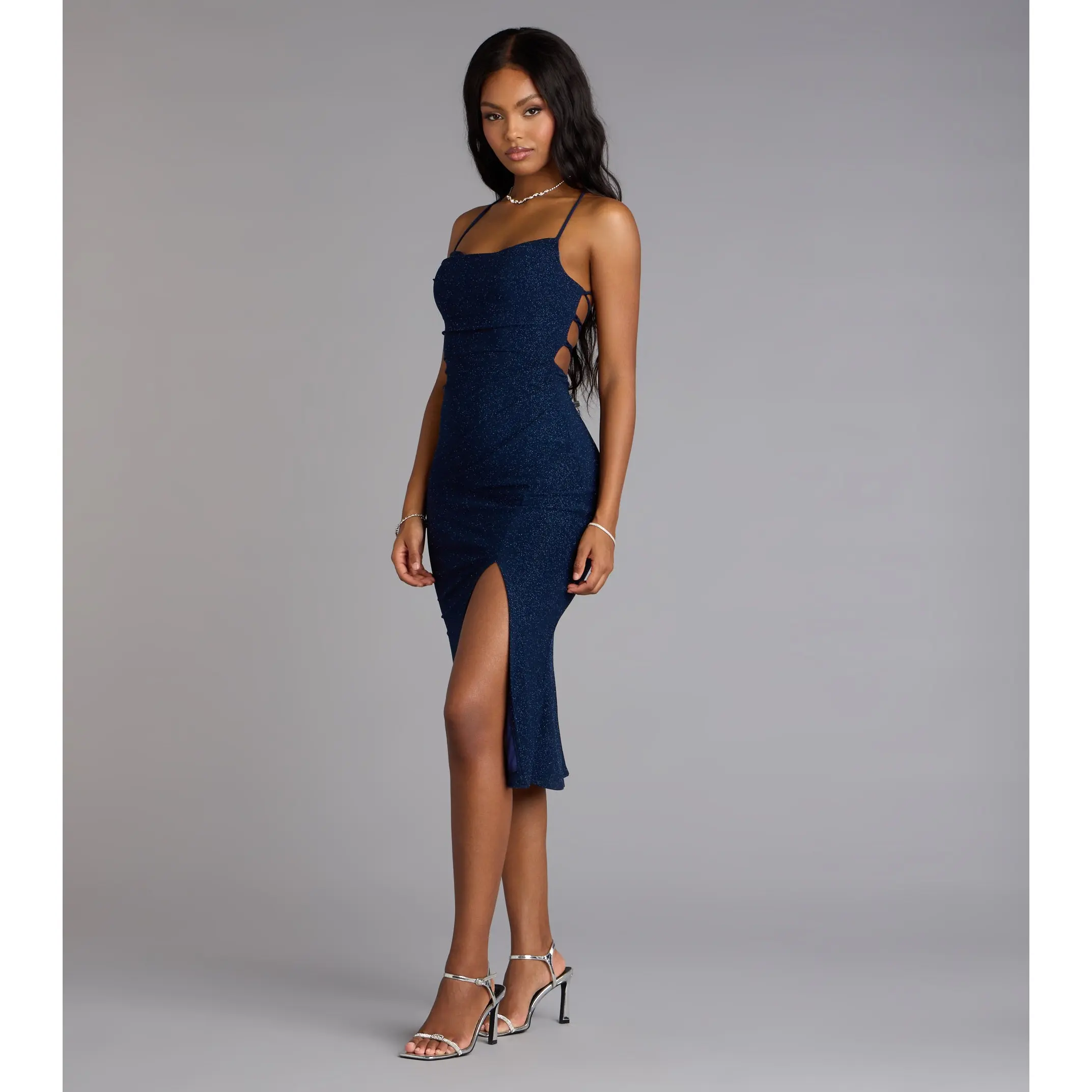 Sparkly Allure Glitter Knit Lace-Up Midi Dress - TikTok Shop