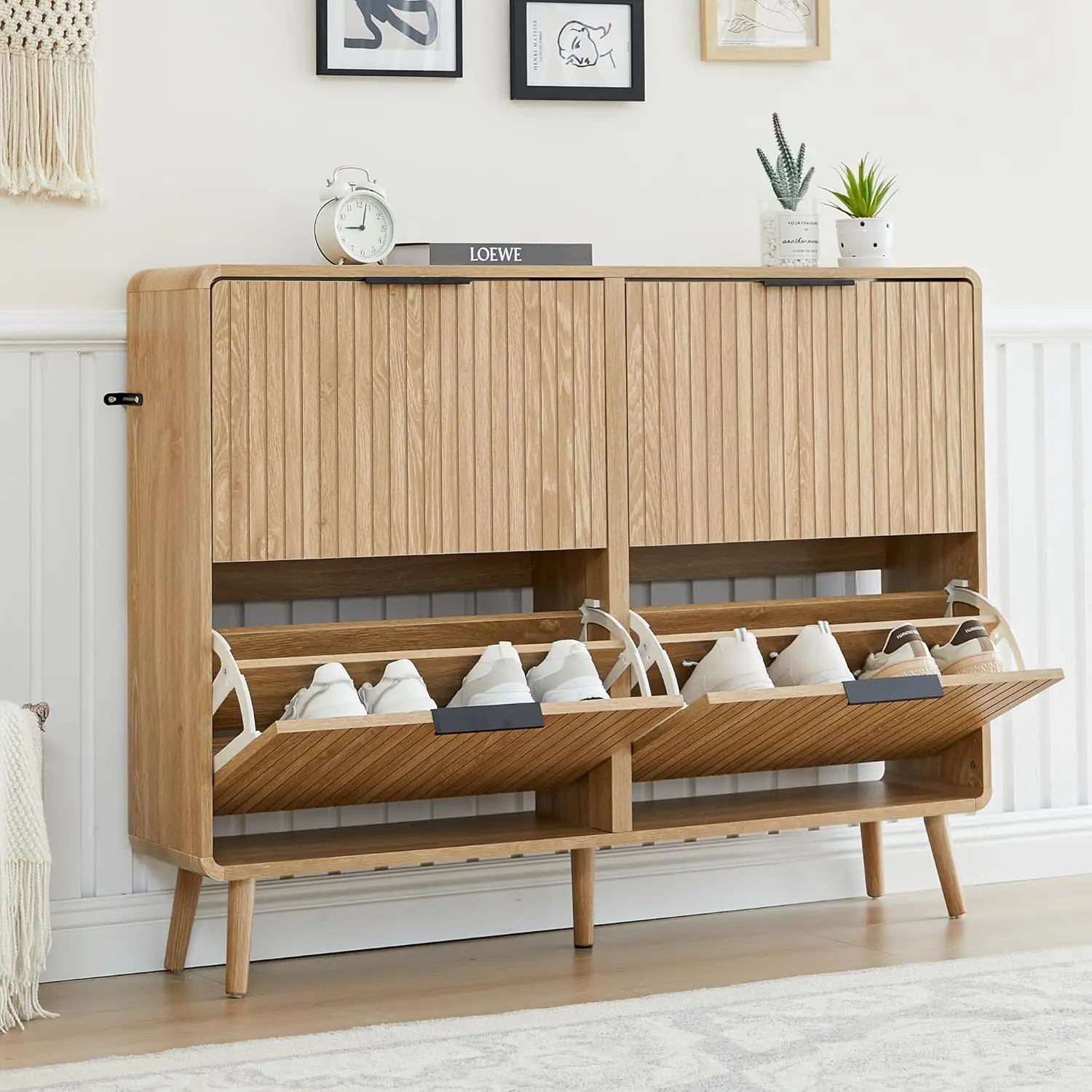 Giratree 47" Fluted Large Shoe Cabinet with 4 Flip Drawers, Slim Freestanding Shoe Cabinet Organizer, Narrow Shoes Storage Rack for Entryway, 5 Sturdy