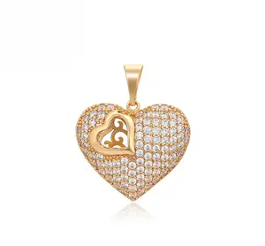 18K Gold Plated Pave Heart Pendant with Openwork Inner Heart
