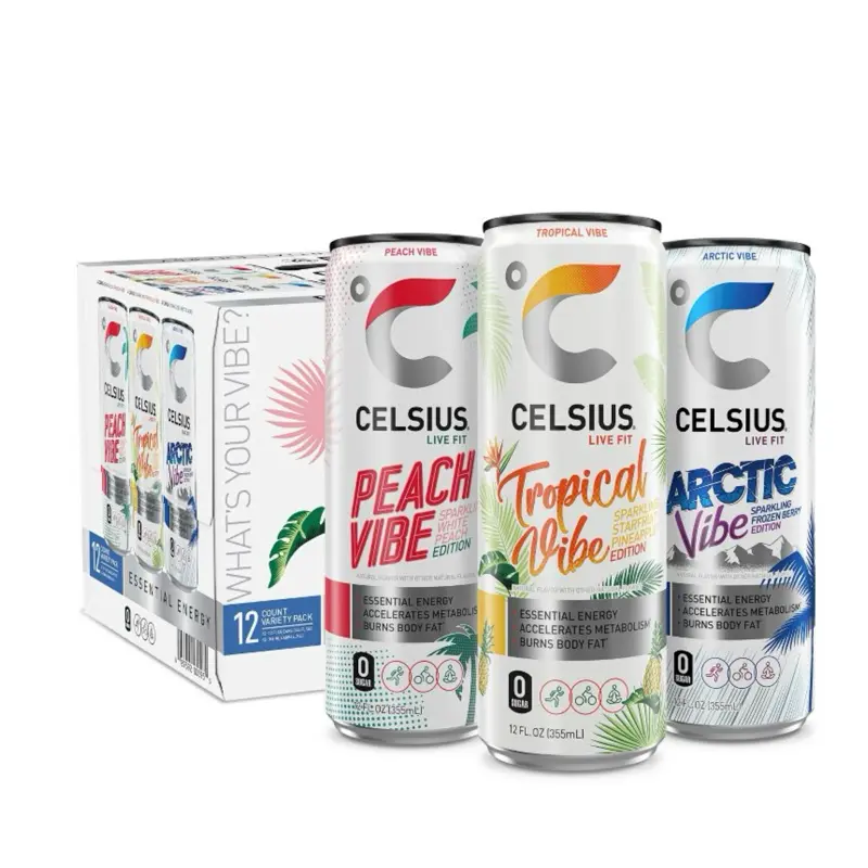 Celsius Sparkling Vibes Variety Pack Energy Drinks- Peach Vibe, Tropical Vibe, & Arctic Vibe - 12 pack