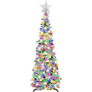 5 FT Pop Up Christmas Tinsel Tree with 50 LED Lights & Remote, Star Topper, Easy Assembly with Stand, Collapsible Prelit Christmas Pencil Tree for Xmas Home Party Decor (Silver)