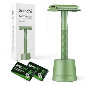 ZOMCHI Double Edge Close Comb Safety Razor with Stand, Shaving Razor for Men with 10 Safety Razor Blades, Reusable Single Blade DE Metal Razor – Fern Green