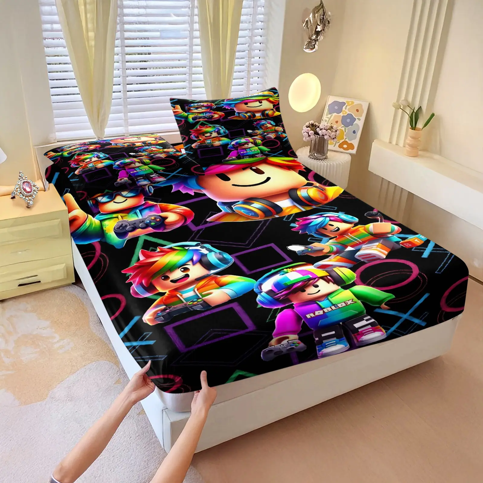 Colorful Roblox block character printed fitted sheet set, Bedding sheets, Cute Bedding, 1 fitted sheet & 2 pillowcases without filler, a rainbow-colored block character design with trendy outfits, a perfect choice for children's & teenagers' bedrooms