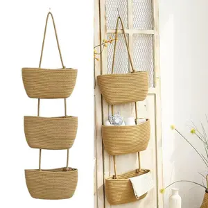 Over the Door Hanging Storage Basket - 3-Tier Woven Cotton Jute Wall Mounted Organizer Bag, Decorative Hanging Basket for Nursery & Home Organization