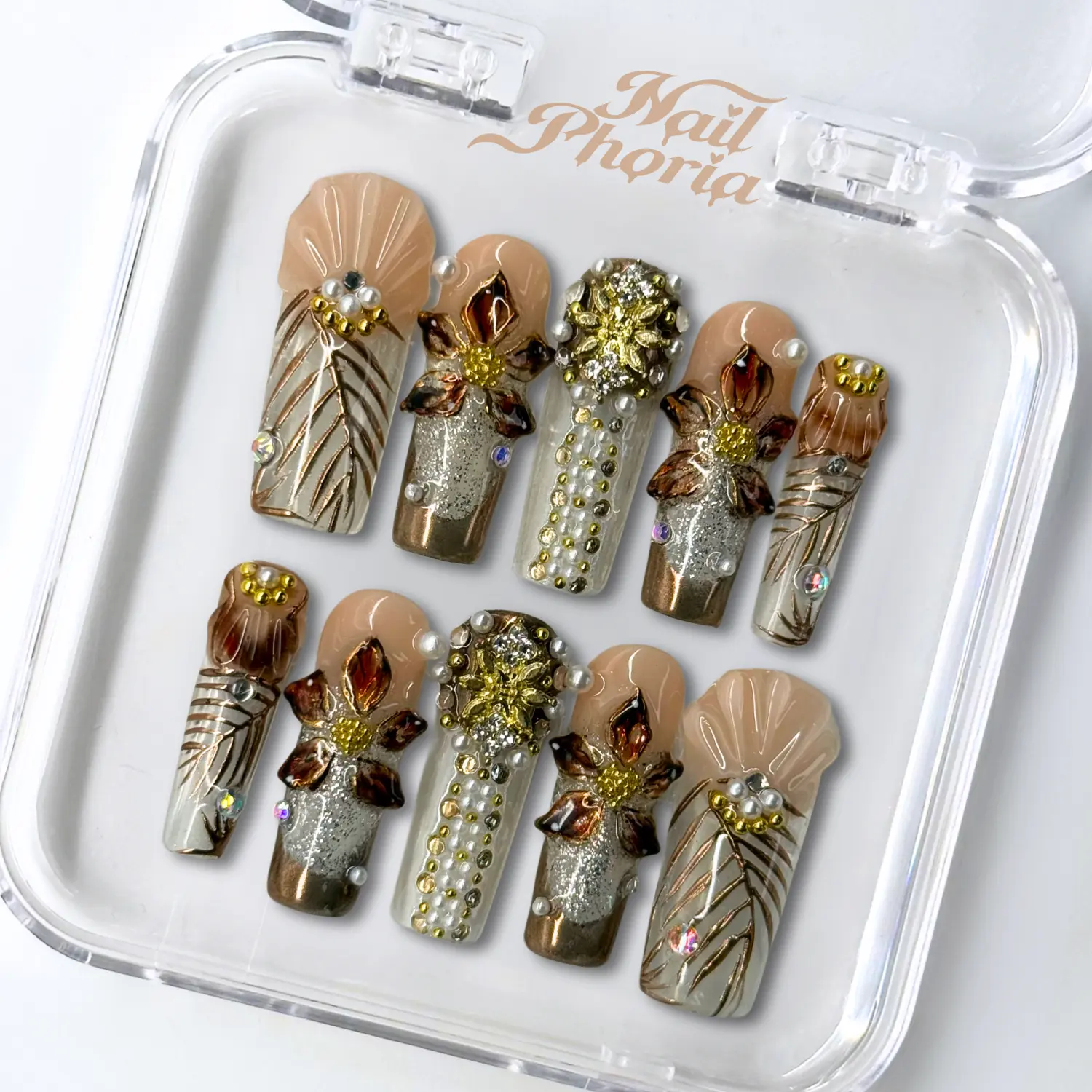 NailPhoria AURELIA SHELL - Handmade Press-On Nails | Reusable, Salon-Quality, Long-Lasting, Glossy Design