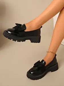 Patent Leather Thick Sole Loafers, Shiny Smooth Surface, Classic Style with Large Bow, Sweet & Cute Design, PU Leather Loafers
