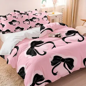 3-Piece Bedding Set with Bow Print, Includes Fitted Sheet and Pillowcases, Sweet Colorblock Design with Youthful Aesthetic for Kids' Bedroom