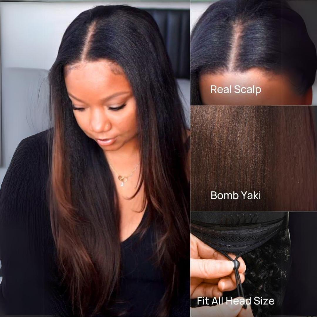 [Upgraded] EasiContour Lifesaver V Part Yaki Straight Chestnut Brown Ombre Color Lightweight Glueless Human Hair V Part Wig Human Hair TikTokShopSpringGlowUp Greenish