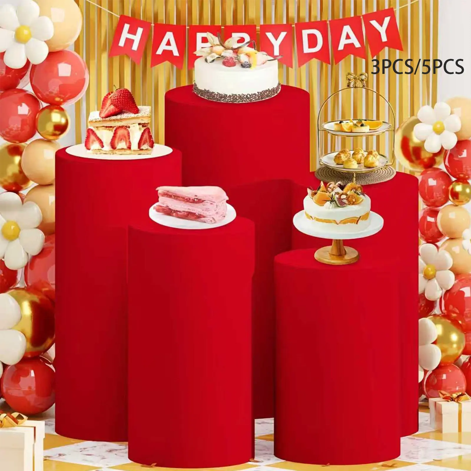 3/5pcs set of Cylinder Pedestal Stand Covers, Flexible Cylinder Stand Covers for Party, Wedding or Birthday Event Decor, Birthday Party Decorations, Party Decoration Supplies - Only Contains Cylinder Covers (Cylinder Pedestal Stands Not Included)