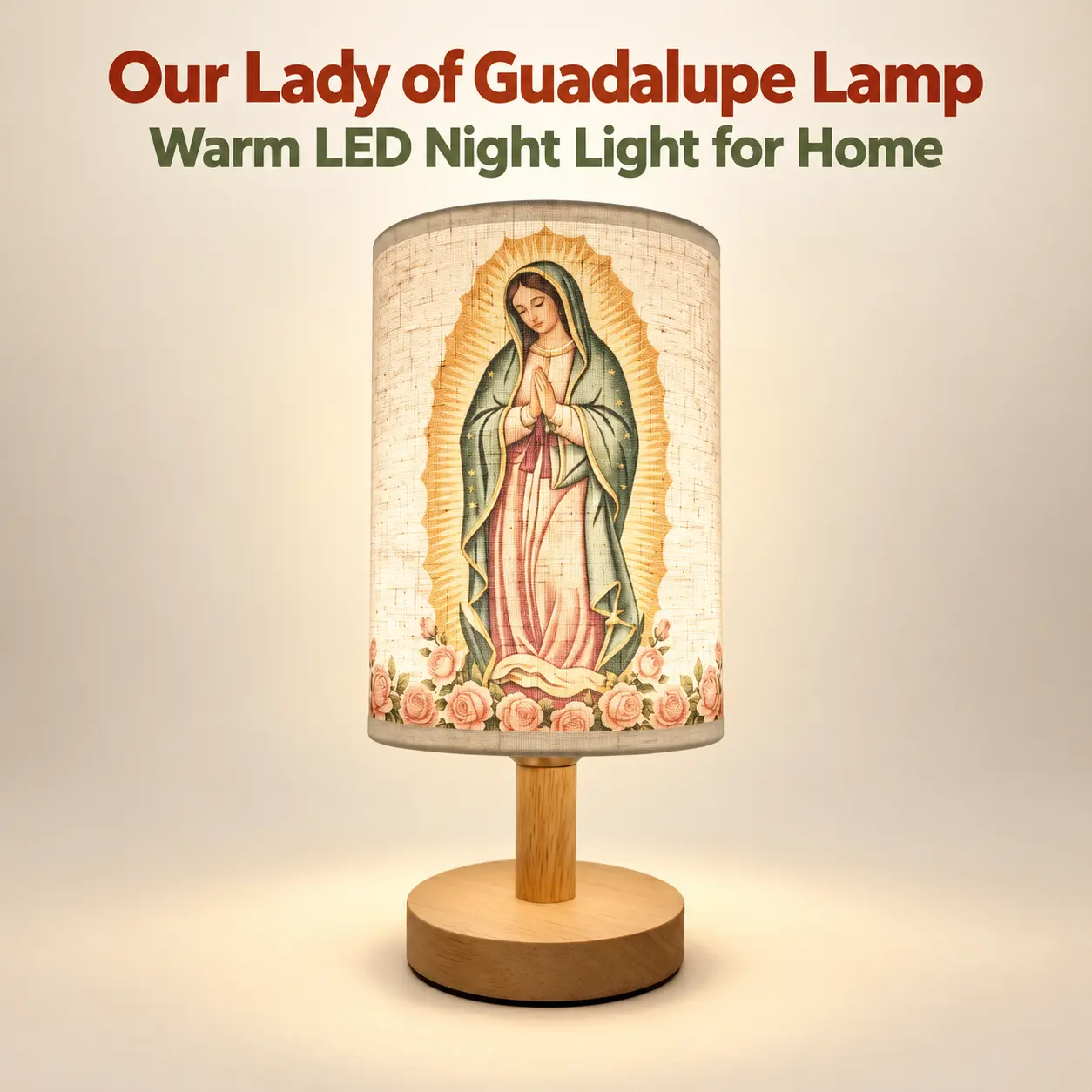 Our Lady of Guadalupe Minimalist Table Lamp - Mother Mary Medallion Religious Home Decor, Fabric Shade LED Ambient Night Lamp, Solid Wood Base, 23cm H, 12cm Base Diameter, Compact Interior Light, Soft Warm Glow, Wedding & Christmas Gifts