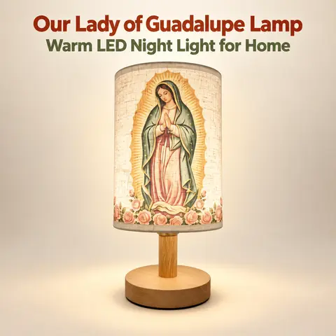 Our Lady of Guadalupe Minimalist Table Lamp - Mother Mary Medallion Religious Home Decor, Fabric Shade LED Ambient Night Lamp, Solid Wood Base, 23cm H, 12cm Base Diameter, Compact Interior Light, Soft Warm Glow, Wedding & Christmas Gifts