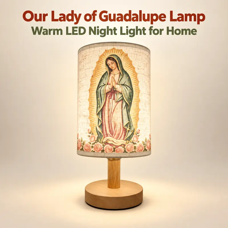 Our Lady of Guadalupe Minimalist Table Lamp - Mother Mary Medallion Religious Home Decor, Fabric Shade LED Ambient Night Lamp, Solid Wood Base, 23cm H, 12cm Base Diameter, Compact Interior Light, Soft Warm Glow, Wedding & Christmas Gifts