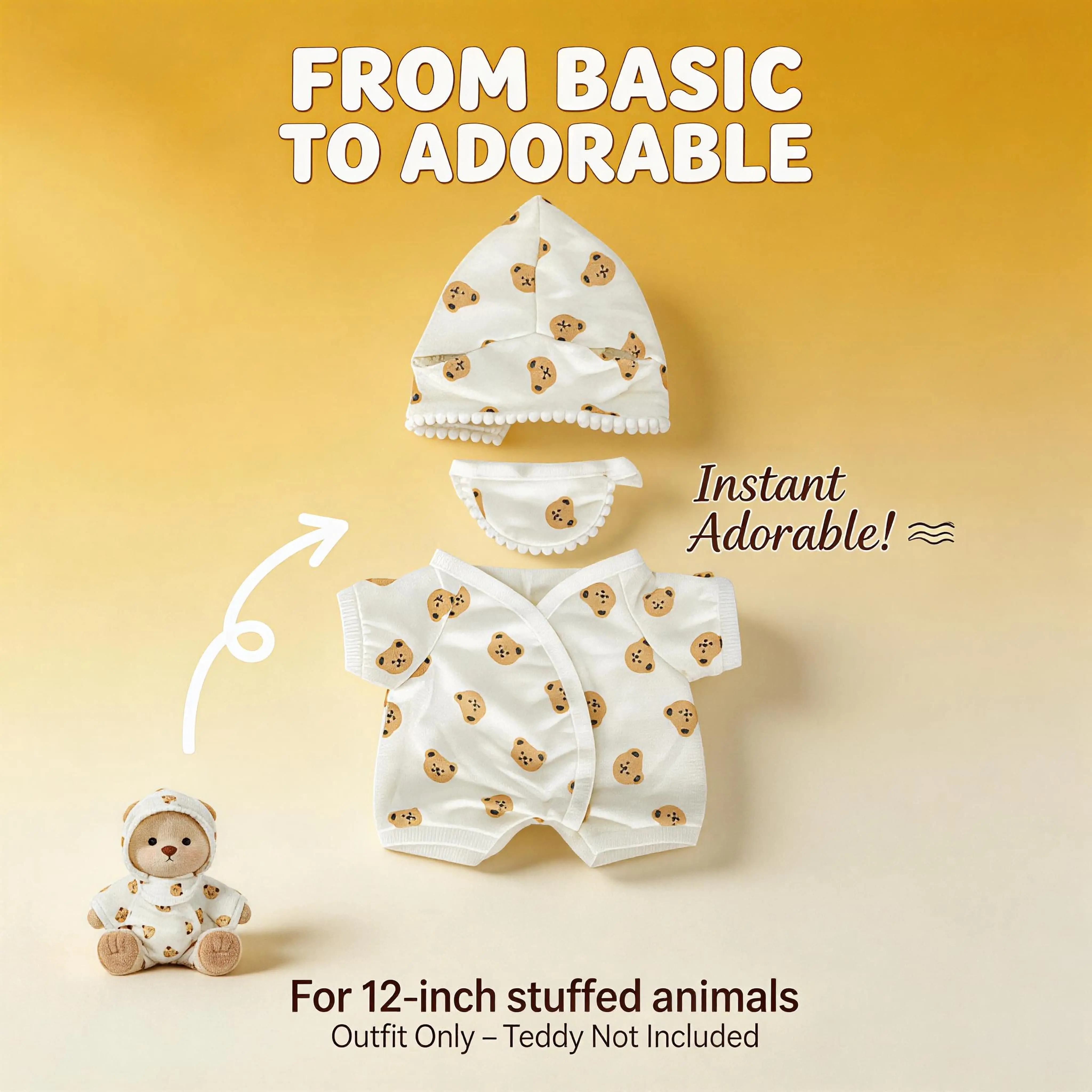 12-inch white bear romper pajama 3-piece set