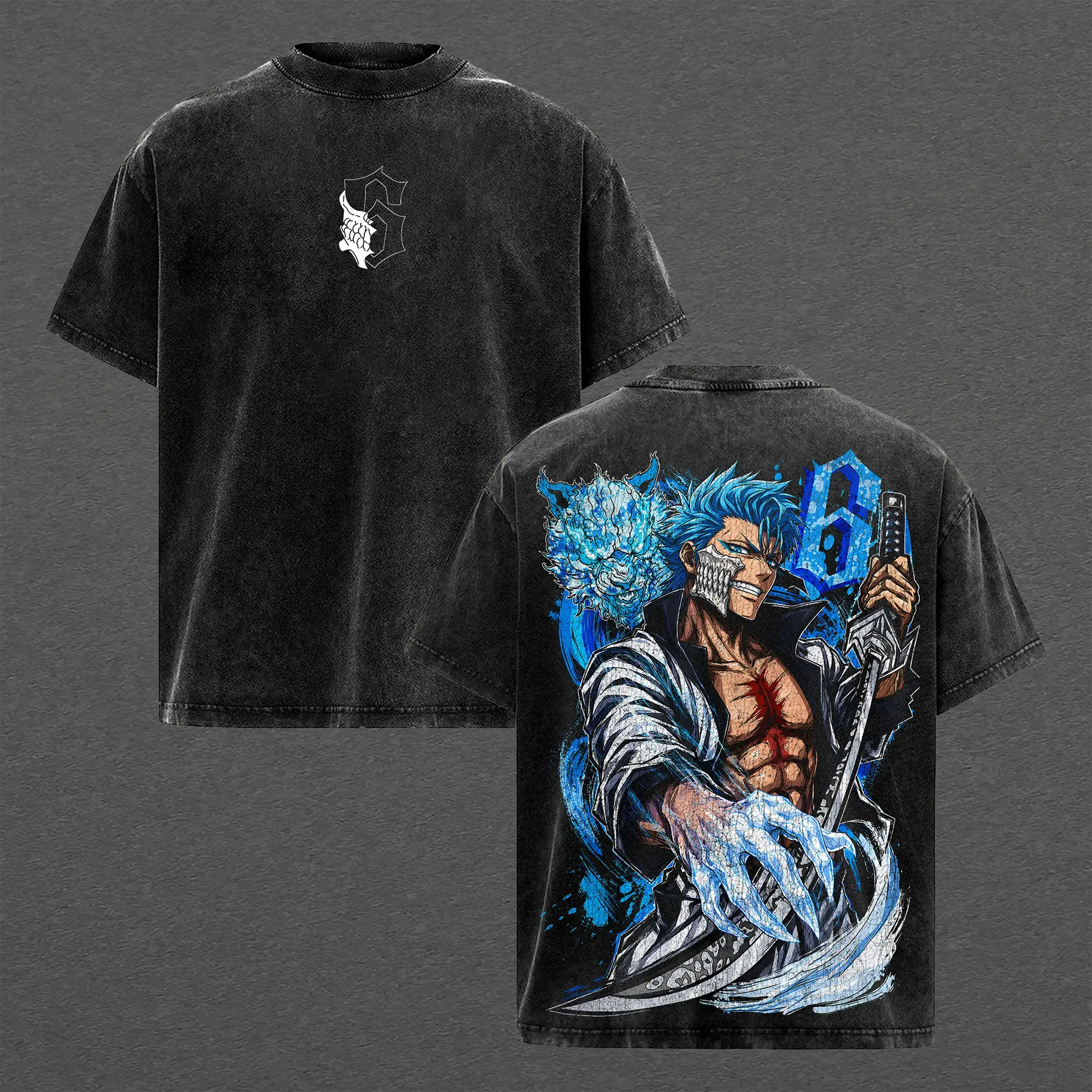 Grimmjow Jaegerjaquez – Bleach Oversize Anime Graphic Tee, Acid Washed Heavy Cotton Shirt, Vintage Manga Streetwear, Unisex Casual Wear, Anime Merch, Gift for Anime Fans
