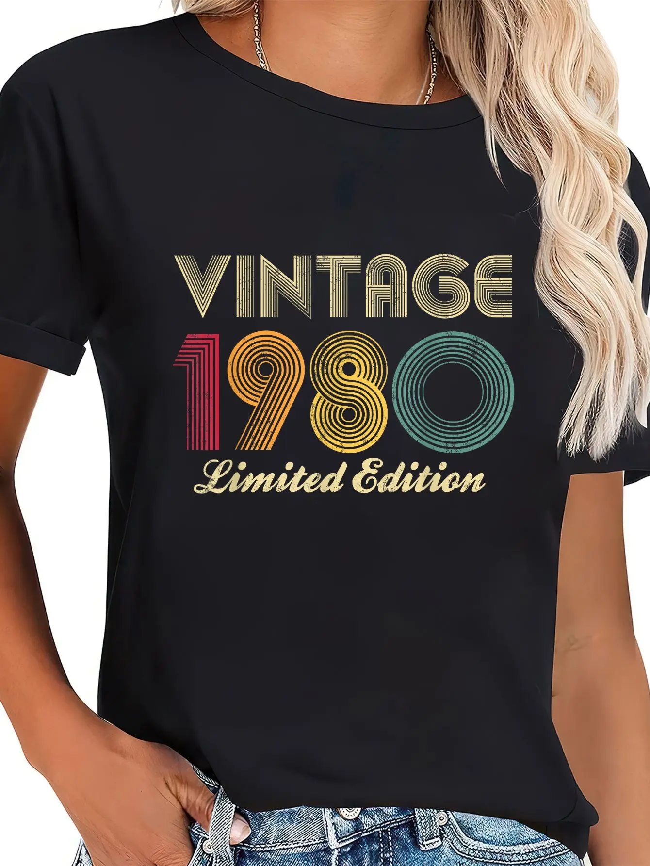 Women's 100% Cotton Short-Sleeve Round Neck Graphic T-Shirt, 1980 45th Birthday Vintage Limited Edition Casual Everyday Top for 44-Year-Olds, Shortsleeve, Tshirt
