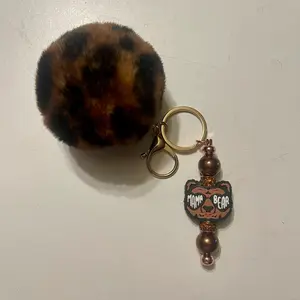Leopard Faux Fur Pom Pom Keychain with "Mama Bear" Accent Beads