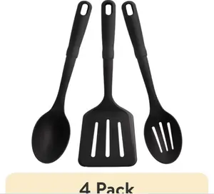 (4 pack) Mainstays 3-Piece Kitchen Utensil Set, Slotted Spatula, Slotted Spoon and Solid Spoon, Black, Nylon
