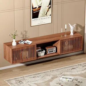 HOMMPA Floating TV Stand Wall Mounted for TVs 55'' to 80'', Floating Entertainment Center with Slatted Door Design, Mid Century Wall Mounted TV Stand for Livingroom