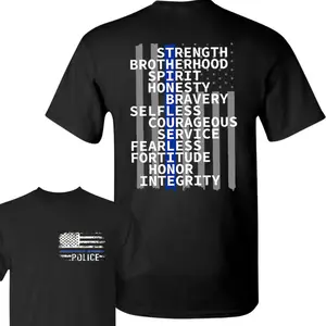 Thin Blue Line USA Flag Law Enforcement Gear Police T shirt, Proud Police Shirt, Police Blue Line Flag Front & Back Print Vertical Brushed Design T-Shirt