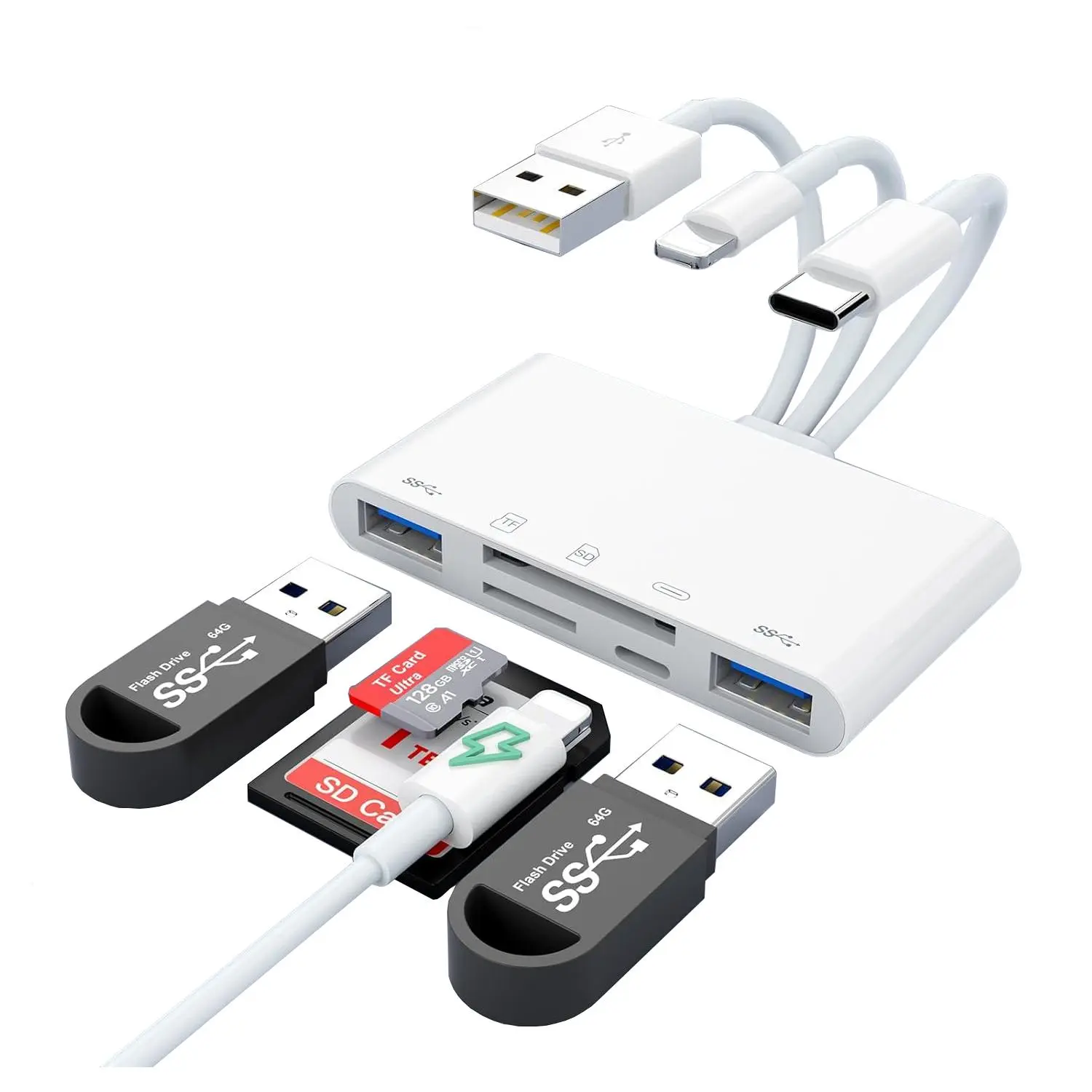 AIELOAR Multifunctional USB HUB, USB Multiport Adapter, USB 2.0 HUB with USB Ports and SD Card Reader, Multi-functional Outdoor Shooting Camera SD Card Reader for iPhone 13/14/15/16, USB Port Gadget