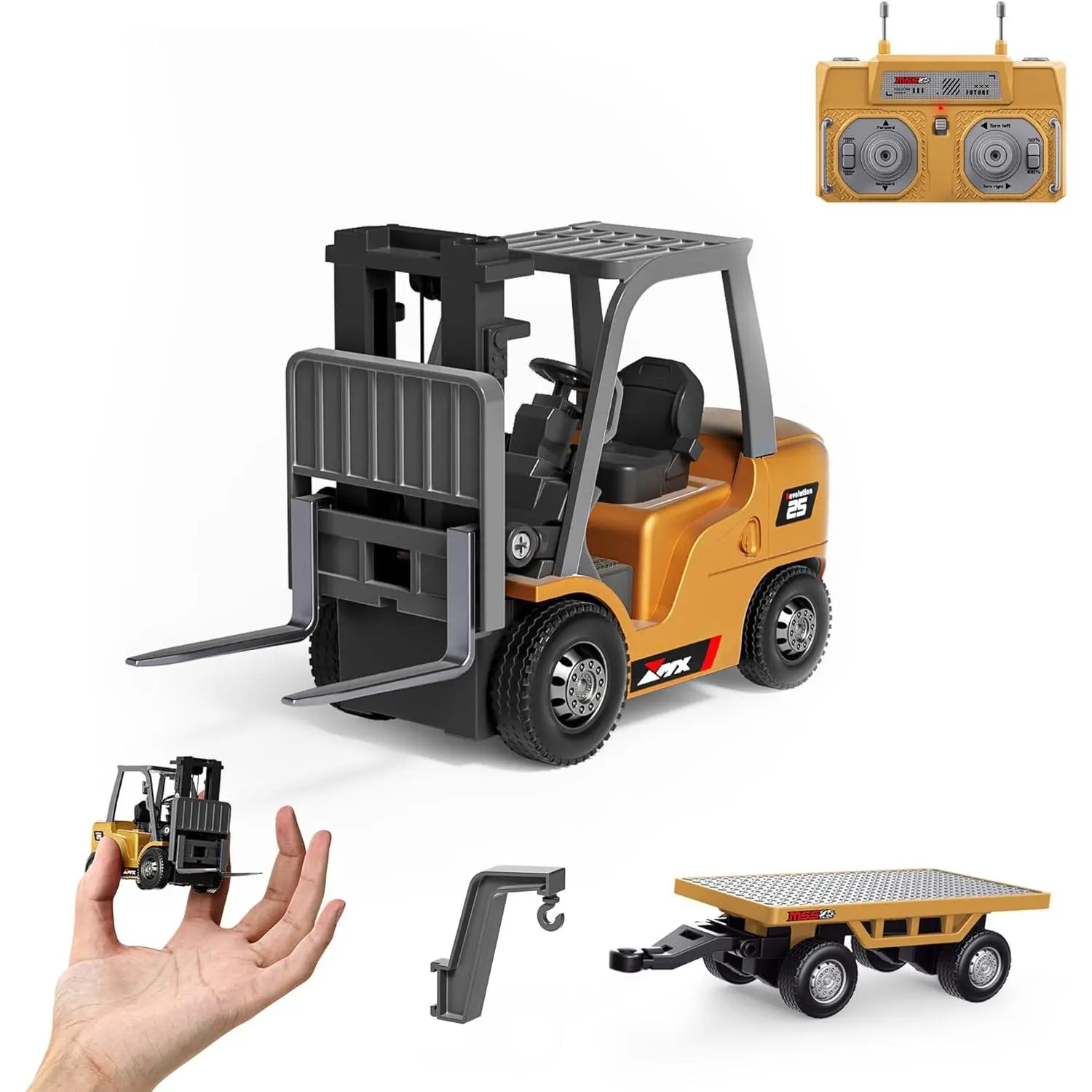 Battery-Powered Mini RC Forklift Toy - 2 In 1 Transformable Remote Control Hobby Vehicle with Flatbed Trailer, Hook, Rechargeable Battery, Unisex Construction Toy Gift for Kids Age 4+, 4 - 6 Years