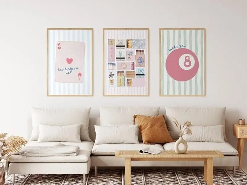 Set of 3 Pink Matchbox Prints, Vintage Matchbox Print, Trendy Ace of Hearts, Lucky You Print, How Lucky Are We Print, 8 Ball Print, Preppy