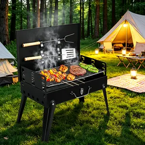 Foldable Portable Charcoal BBQ Grill Set for 3-4 People, All-in-1 Mini Suitcase Grill Kit with Tools, Collapsible Tabletop Cookware for Camping & Backyard Use