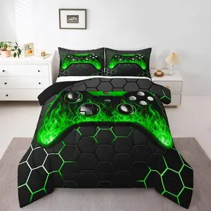 Feelyou Microfiber Bedding Set - Light Weight Soft Gaming Theme Comforter Set for Boys, Green Black Honeycomb Quilted Duvet with Flame Pattern, Multi-Size Gamer Gift