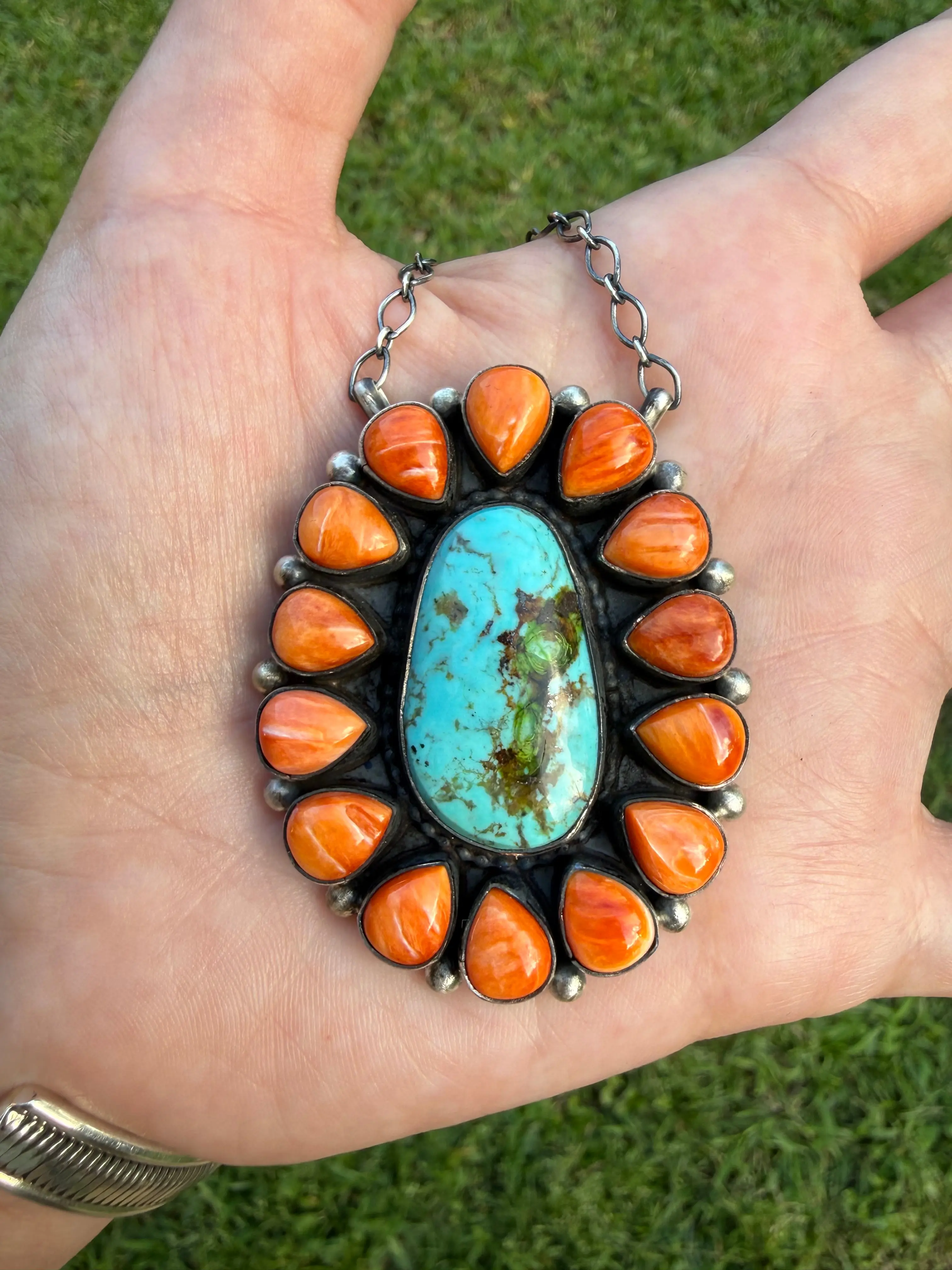 Navajo Sonoran Gold Turquoise and Orange Spiny Full Flower Cluster Necklace