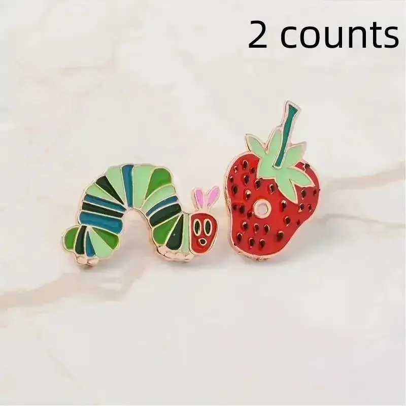 Caterpillar & Strawberry Design Metal Brooch (2 Counts), Cute Cartoon Badge for Clothes Backpack Hat, Enamel Pin Suitable for Backpacks, Jeans, Scarve