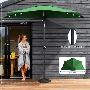 9FT Solar LED Half Patio Umbrella This outdoor half parasol features smooth crank lift, reliable UV protection and built-in solar LED lights. Space-saving design suits patio, deck, garden, backyard and balcony, with an elegant tan finish for daily outdoor