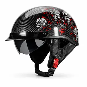 QUICKOOL DOT Approved Real Carbon Fiber Skull Flame Half Helmet, Low Profile Open Face Motorcycle Helmet with Visor for Cruiser Chopper Scooter
