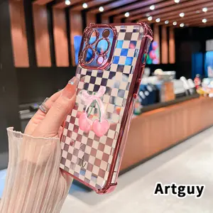 Electroplated Four Corner Anti-Fall Checkered cherry design Pattern Phone Case for iPhone 16 Pro Max 15 Plus 14 13 12 11 E Shockproof Transparent Protective Cover