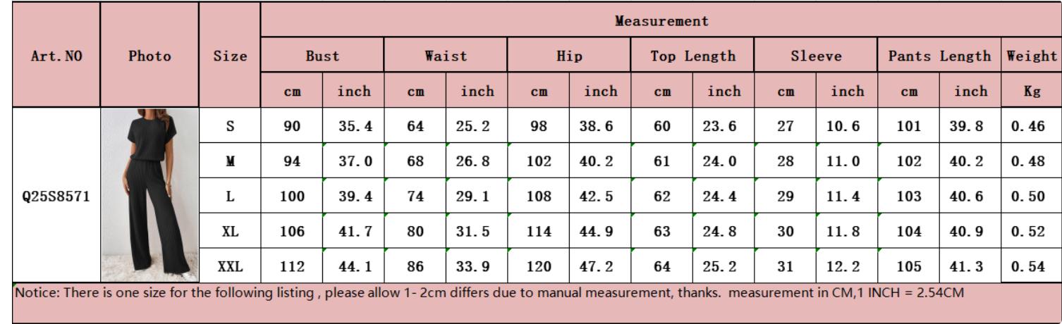 Women's Solid Shortsleeve Crewneck Ribbed Top & Wide Leg Pants Minimalist Casual Fitted Fashion Cozy Top & Trousers for Daily Outdoor Wear Ladies Clothes for Summer Womenswear Yoga Clothes Set Black Batwing Suits Suits