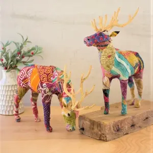 Pair of Reindeer Tabletop Decor with Kantha Covering