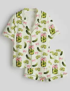Funny Pickle Pajama Set for Women – Cute Pickles Print Button-Up Short Sleepwear