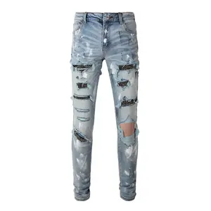 Men Crystal Skinny Stretch Denim Jeans Streetwear Holes Ripped Distressed Pants Painted Patchwork Trousers